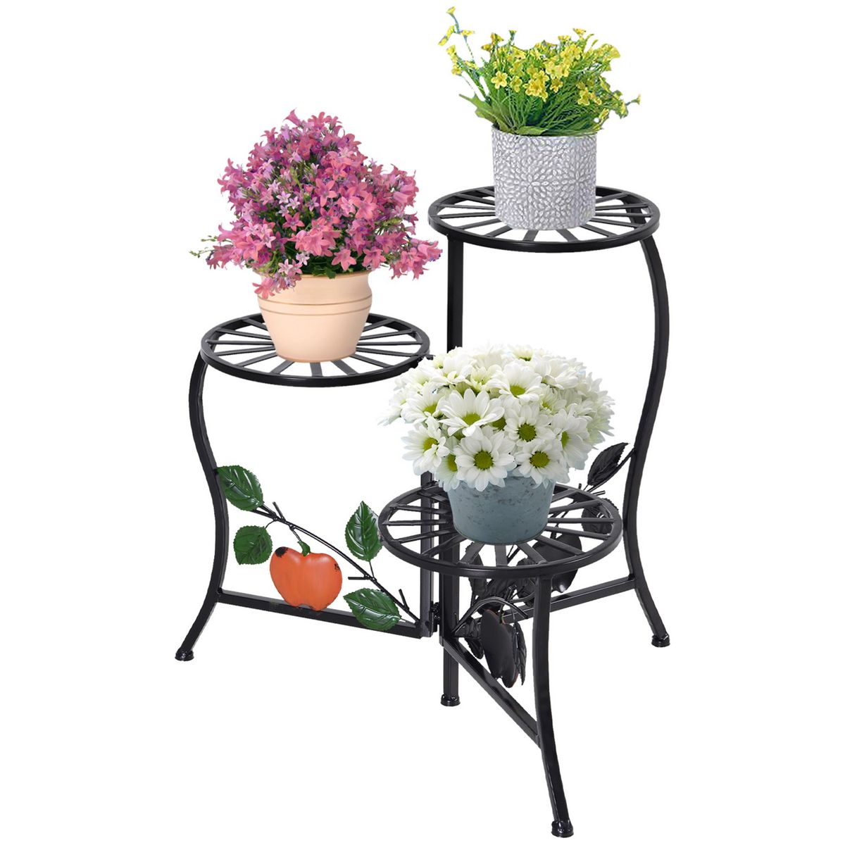 Lot de 3 supports de pots de fleurs design métal noir et blanc