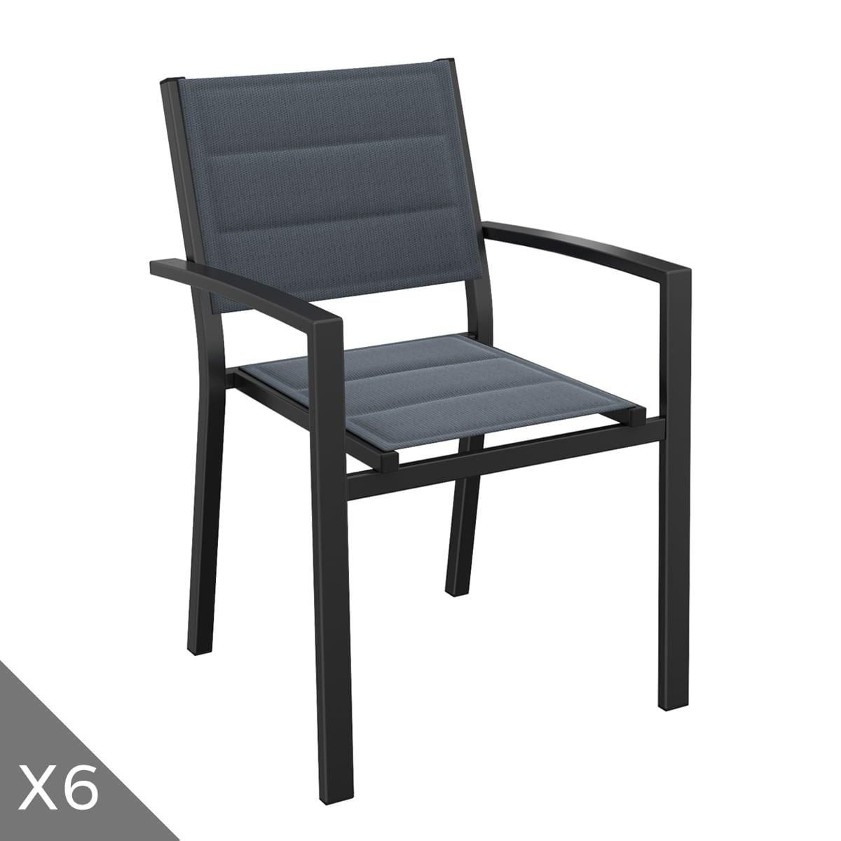 HOMIFAB Lot de 6 chaises de jardin en aluminium noir - Tony