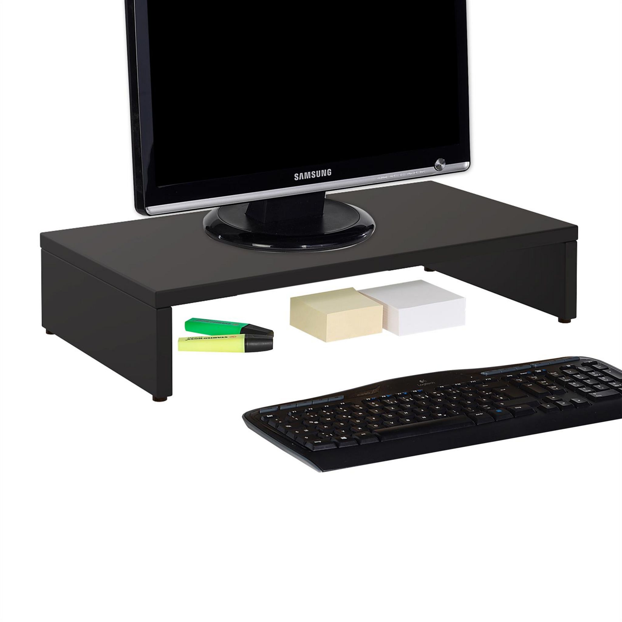 IDIMEX Support d'écran d'ordinateur MONITOR, réhausseur pour moniteur avec  tablette de séparation, longueur 50 cm, en mélaminé noir mat pas cher 
