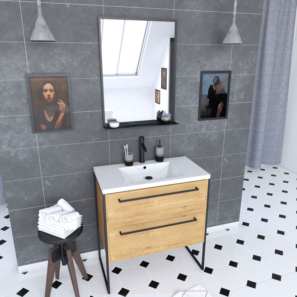 Aurlane Meuble de salle de bain 80x50cm - vasque blanche - 2 tiroirs finition chêne naturel + miroir