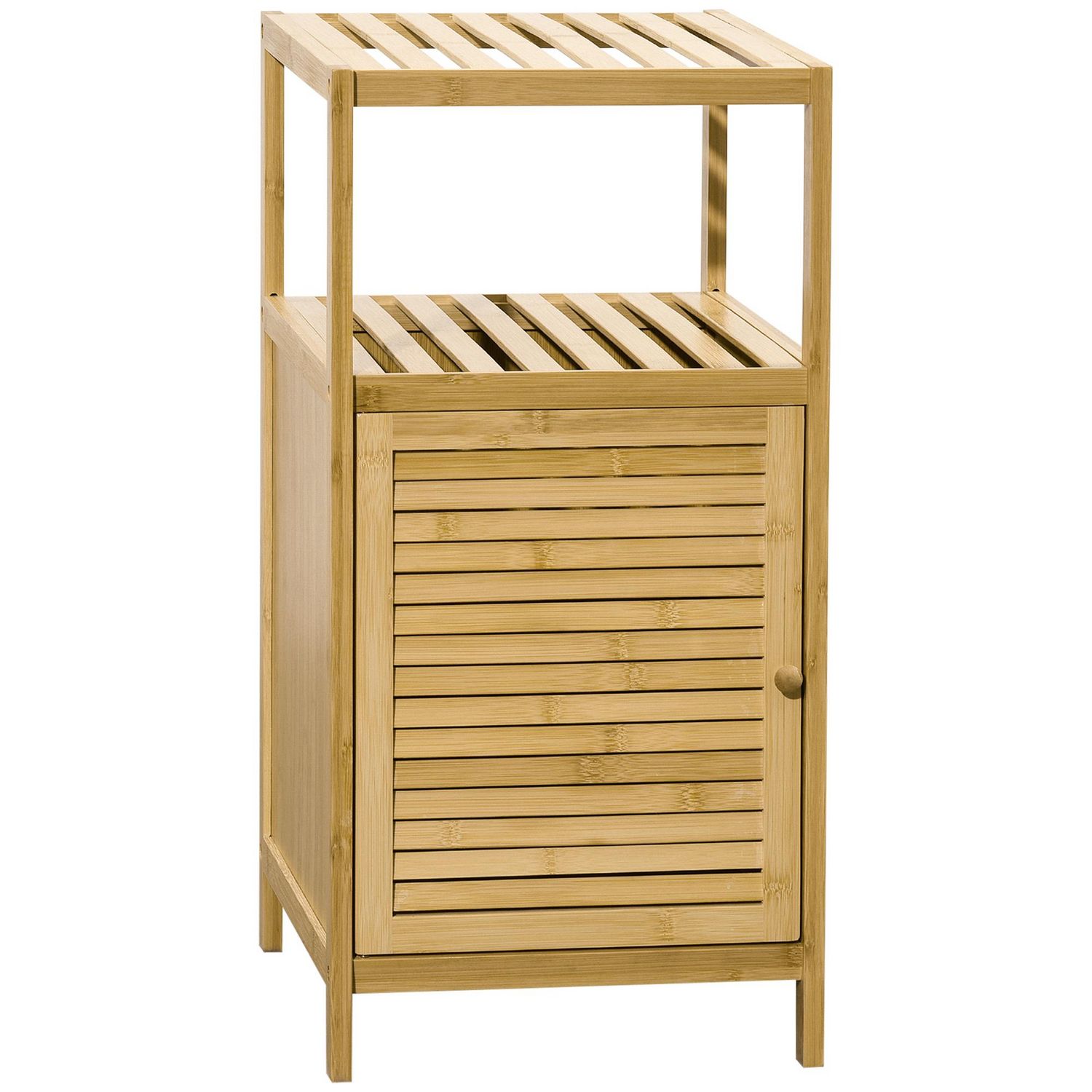 Meuble colonne rangement salle de bain bambou design naturel 36L x 33l x  140H cm 2 étagères 4 niveaux + placard