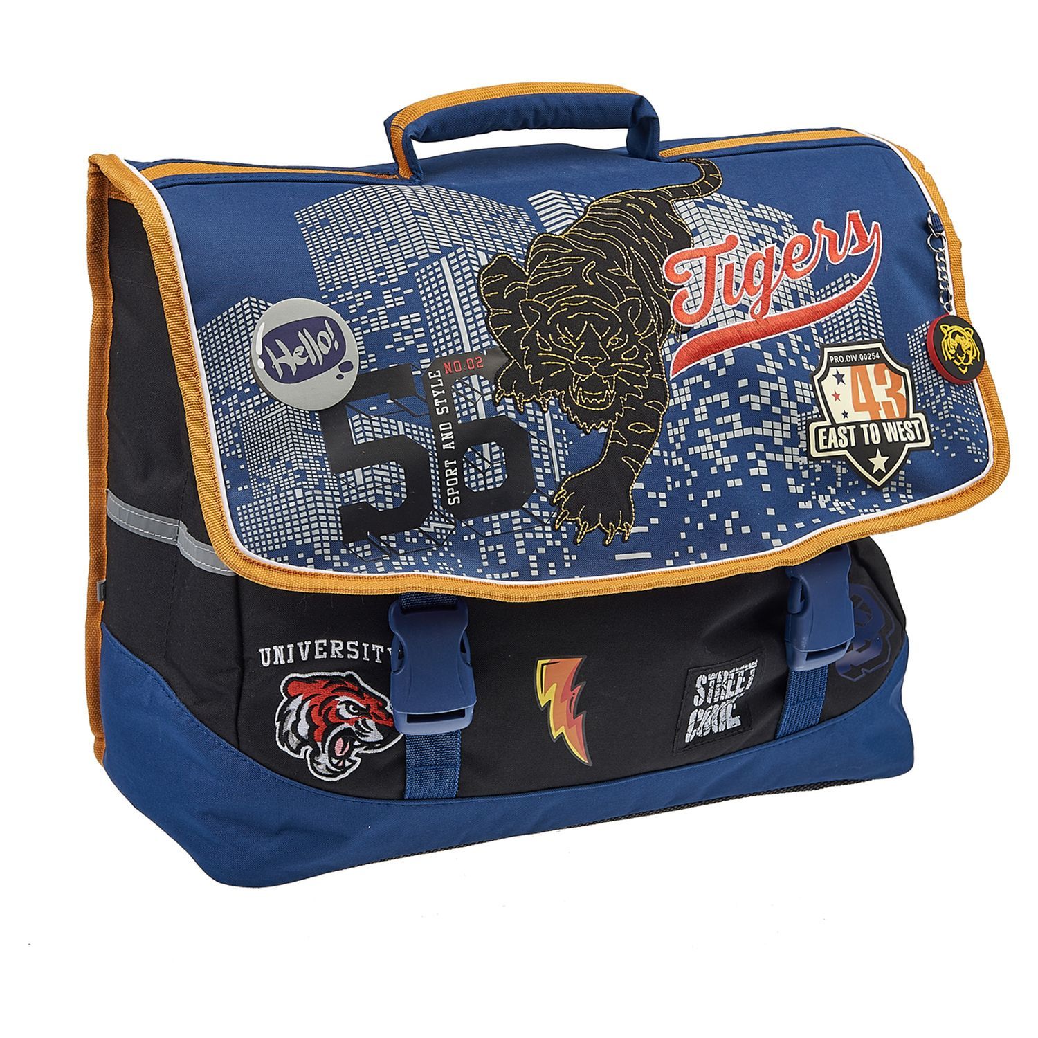 AUCHAN Cartable Premium 41 cm brillant dans le noir polyester noir et bleu TIGER STREET CODE pas cher Auchan