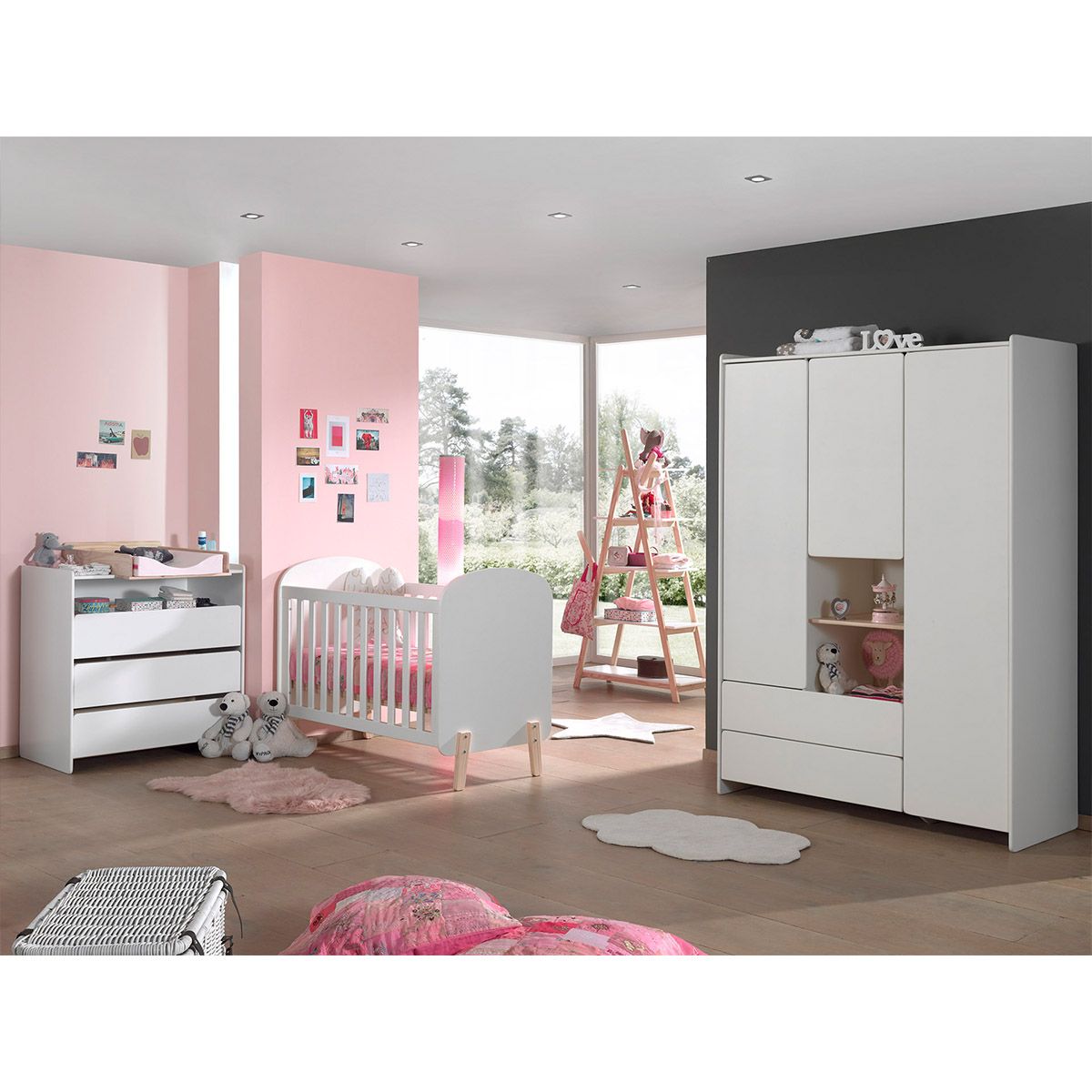 Vipack Lit bébé 60x120 - Commode 3 tiroirs - Armoire 3 portes et Bibliothèque Kiddy - Blanc