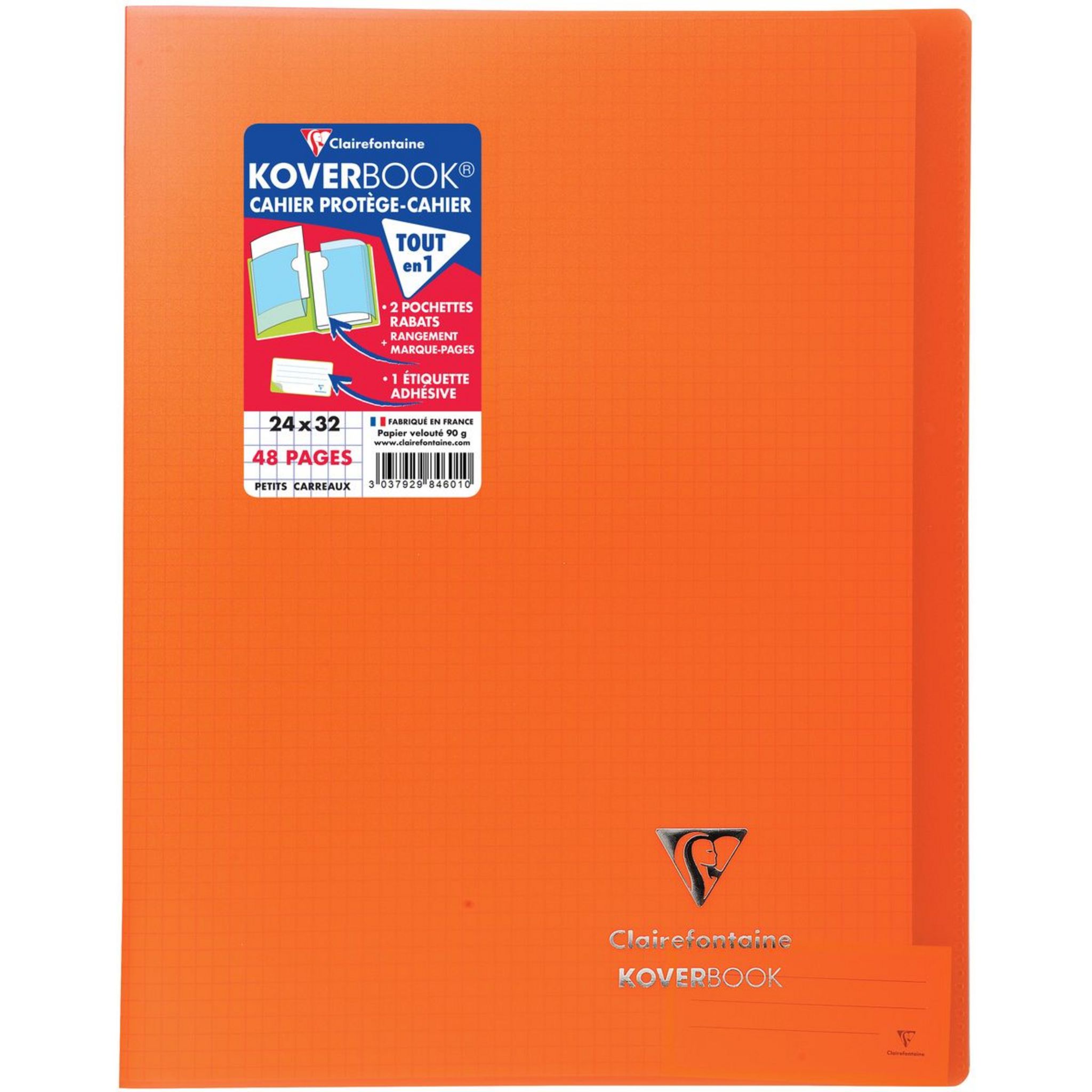 CLAIREFONTAINE Cahier piqué polypro Koverbook 24x32cm 48 pages petits  carreaux 5x5 orange pas cher 