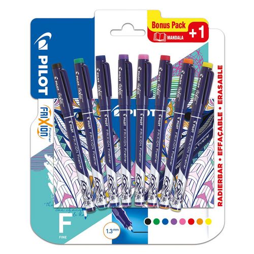 Lot de 8 stylos feutres effaçables pointe fine noir/bleu/vert/violet/rose/rouge/orange/jaune FriXion