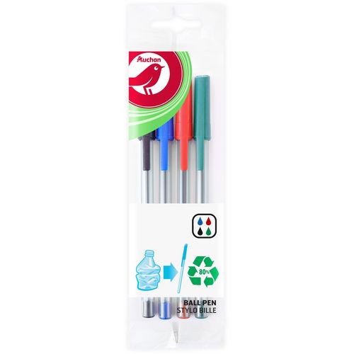 Lot de 4 stylos bille pointe moyenne coloris assortis bleu/noir/rouge/vert