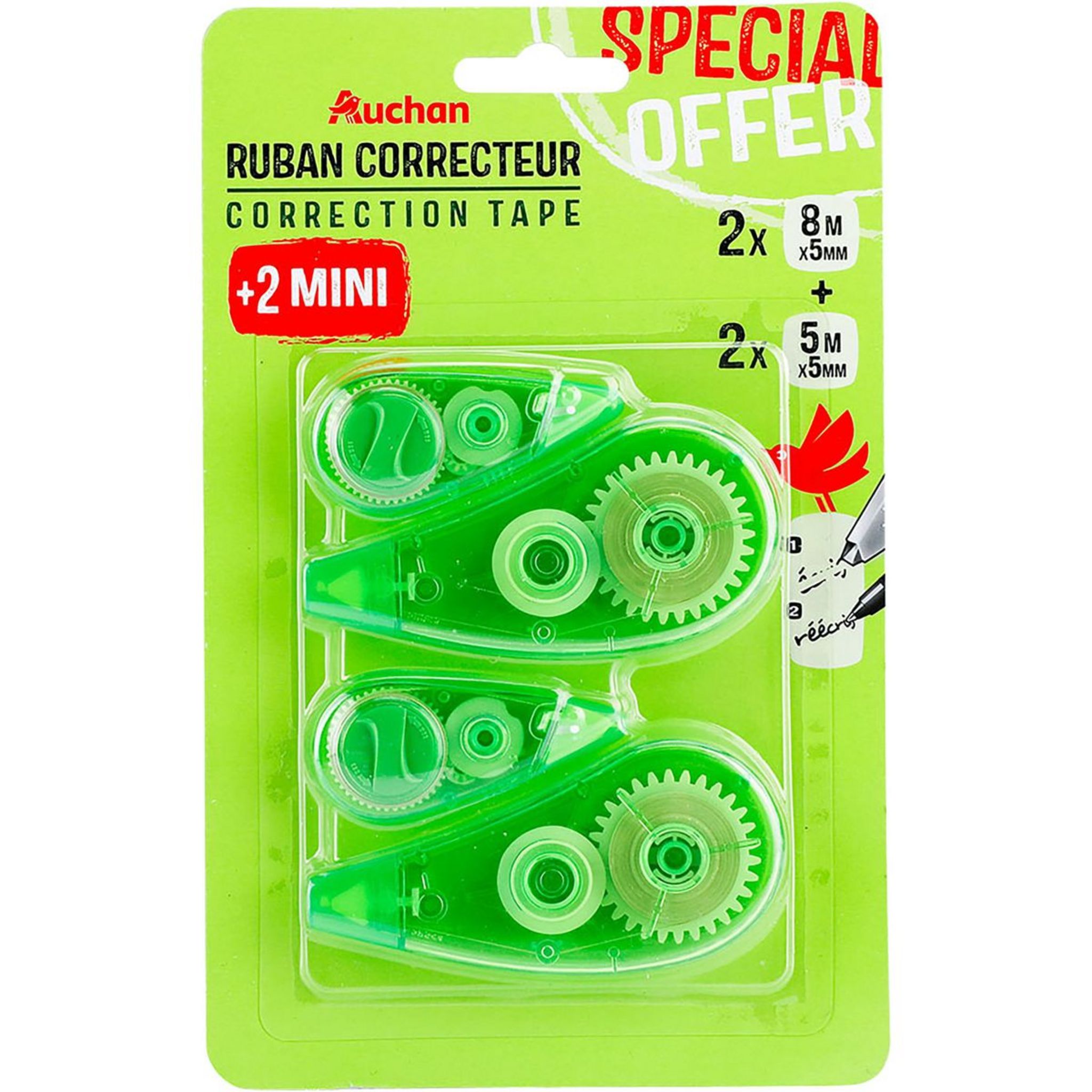 AUCHAN Lot de 3 mini souris correctrices 5m rose, vert et bleu pas cher 