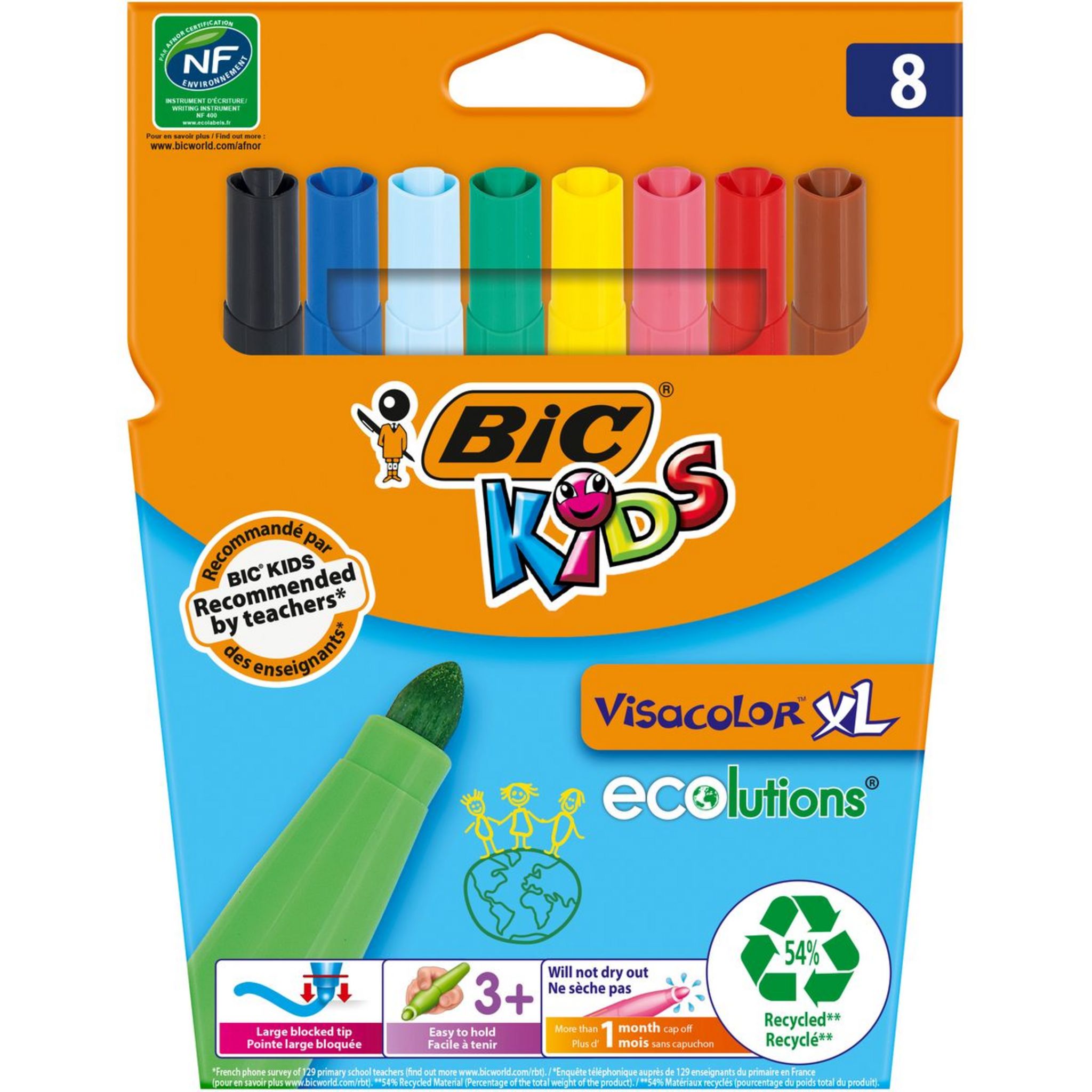 BIC Boîte de 12 feutres de coloriage KIDS VISACOLOR XL Pointe large Bloquée  Noir - Tout Le Scolaire