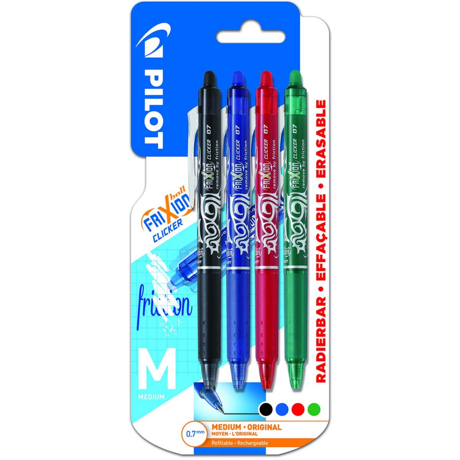 PILOT Lot de 4 stylos effaçables pointe moyenne noir/vert/rouge