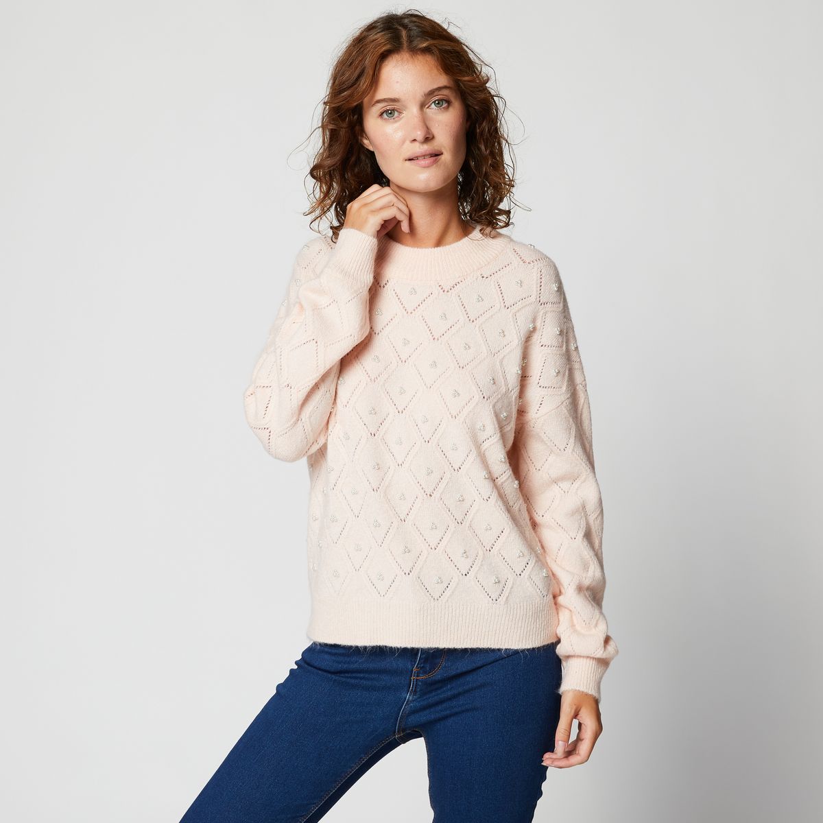 IN EXTENSO Pull en maille avec perles rose femme pas cher - Auchan.fr