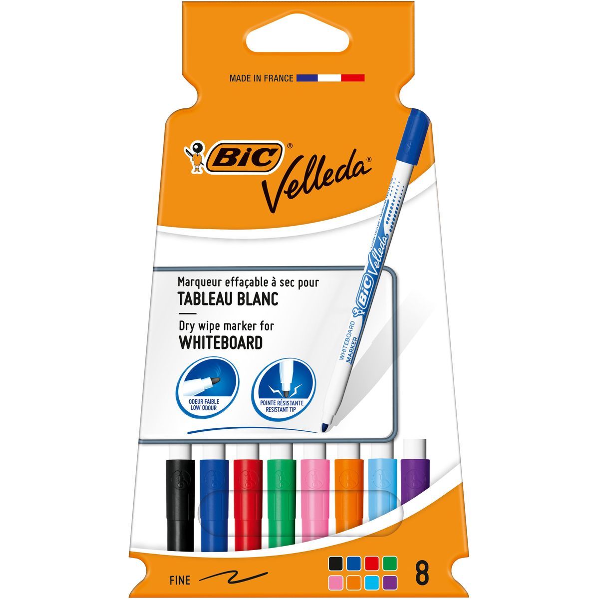 BIC Lot de 8 feutres pour tableau blanc effaçables à sec pointe fine VELLEDA  coloris assortis pas cher 