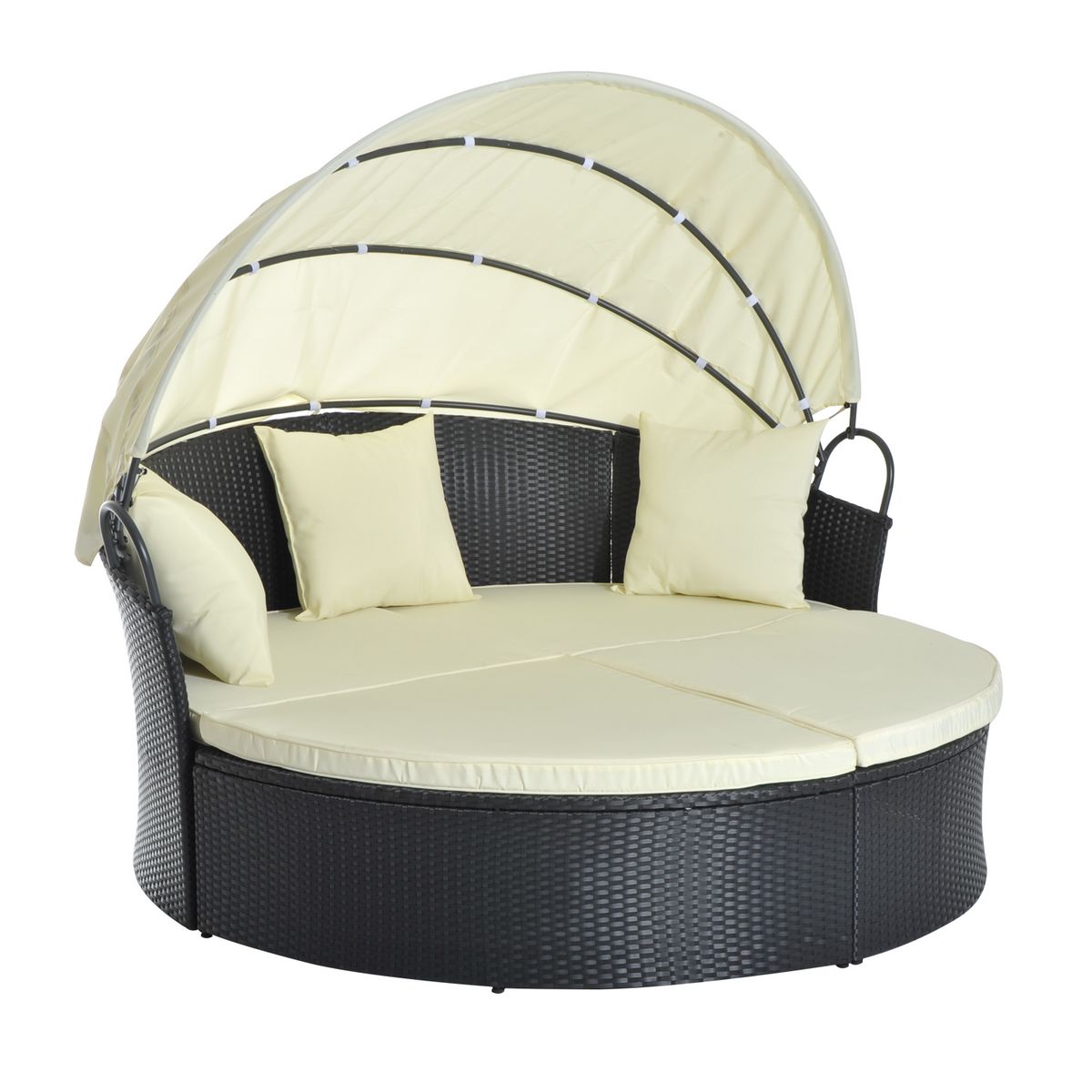 OUTSUNNY Lit canapé de jardin modulable grand confort pare-soleil pliable intégré 4 coussins 3 oreillers 171L x 180l x 155H cm métal résine tressée polyester noir beige