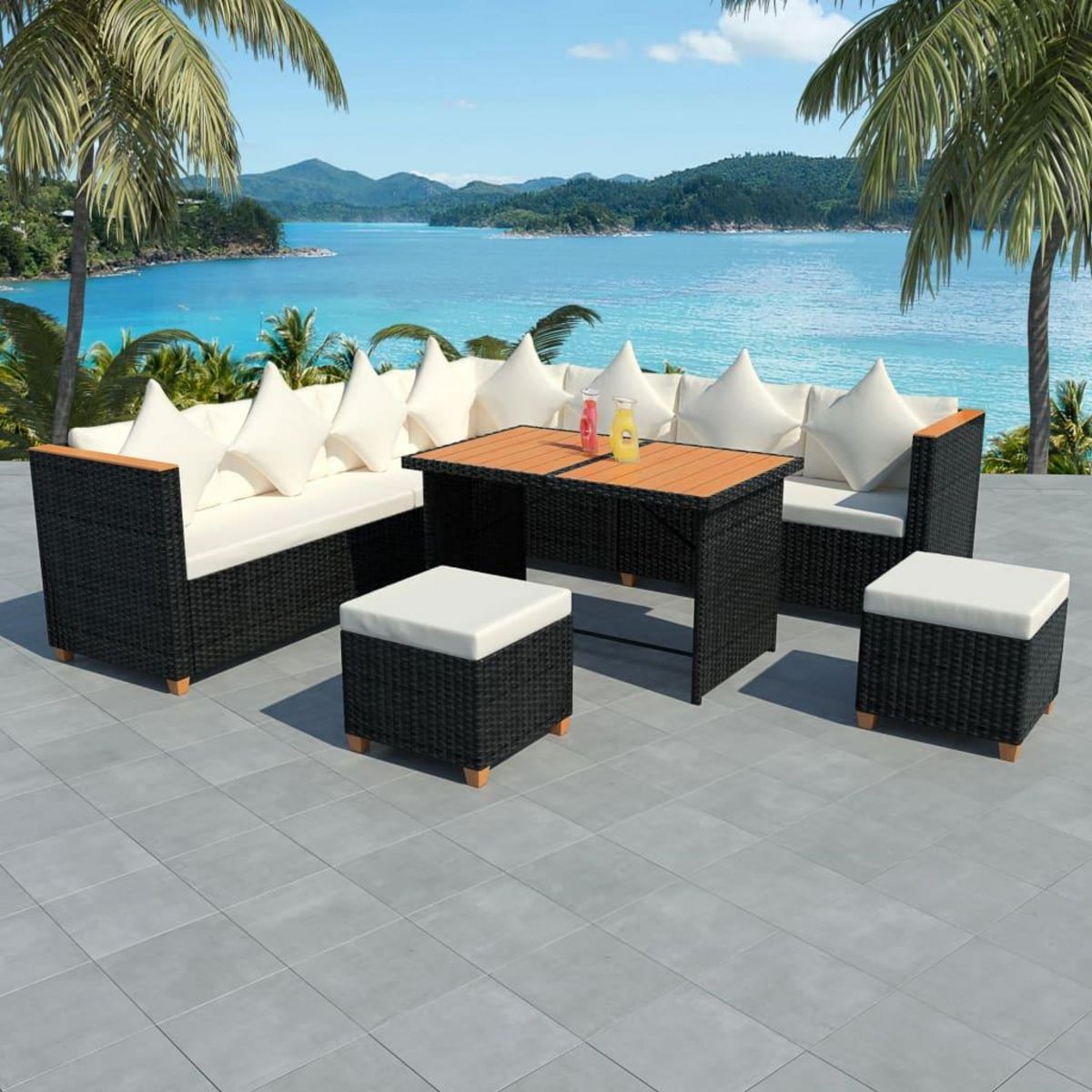 VIDAXL Salon de jardin 7 pcs avec coussins Resine tressee Noir