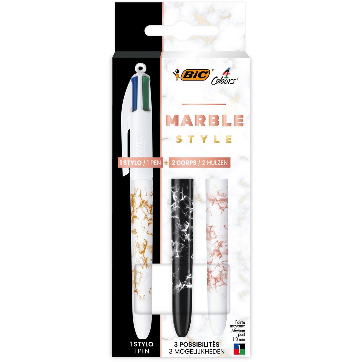 Lot 1 stylo bille 4 couleurs rétractables + 2 corps Marble Style coloris  assortis