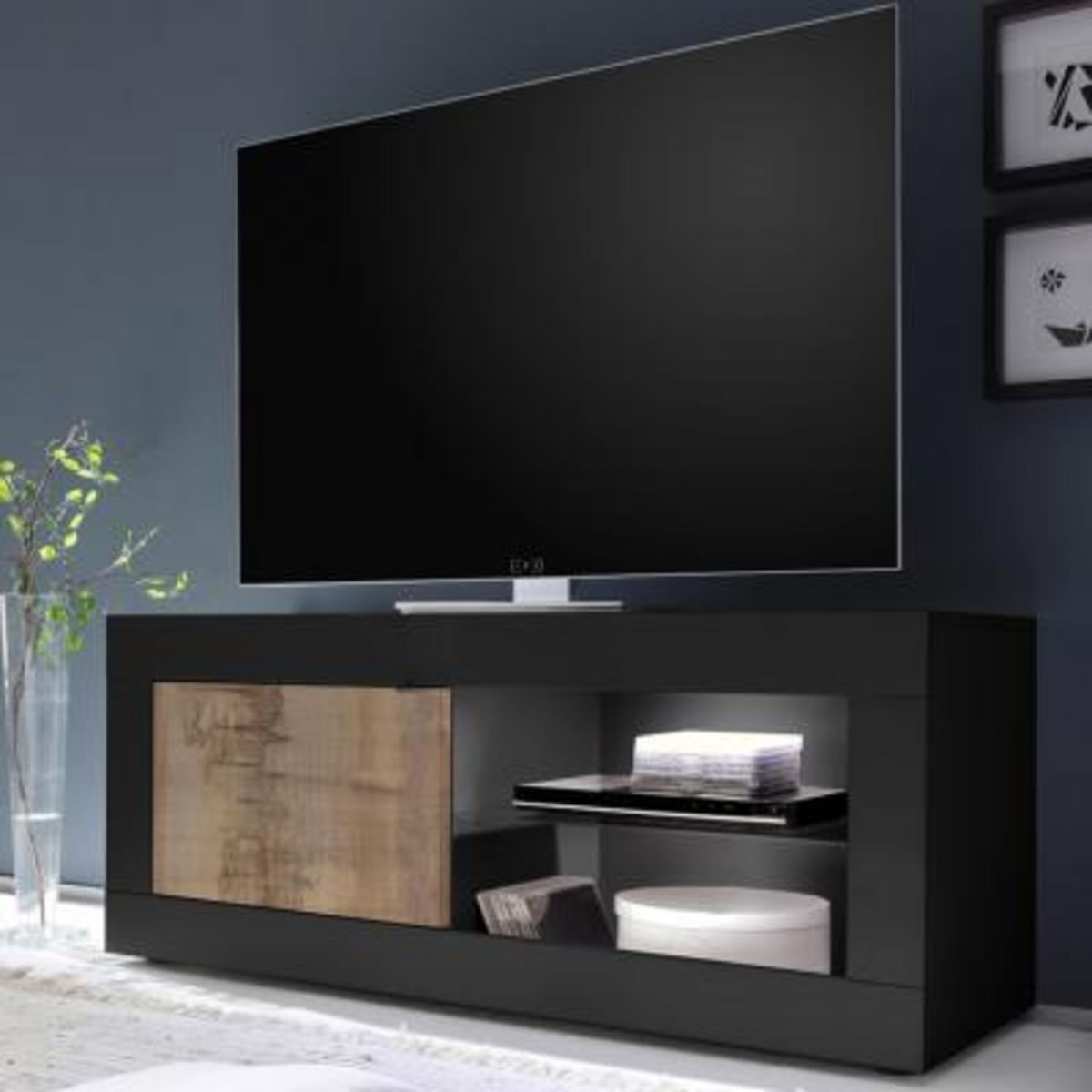 KASALINEA Banc TV moderne couleur bois et noir ARIEL 5-L 140 x P 43 x H 56 cm- Noir