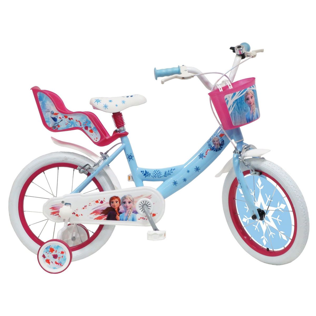Disney La Reine des Neiges Vélo 16  Fille Licence  Reine des Neiges  + Casque pour enfant de 5 à 7 ans avec stabilisateurs à molettes et Porte poupée