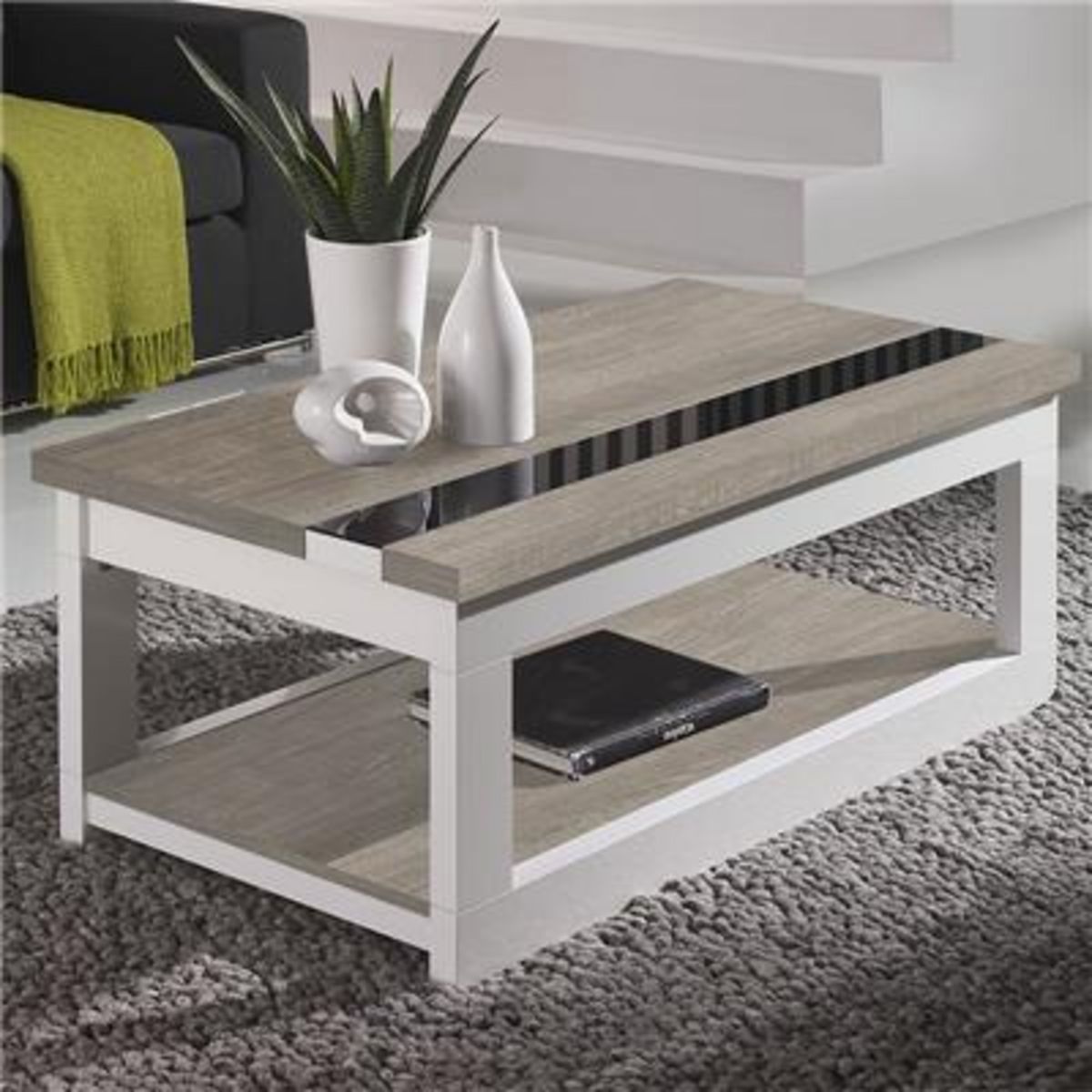 NOUVOMEUBLE Table basse relevable moderne couleur bois clair et blanc MONTREAL 2