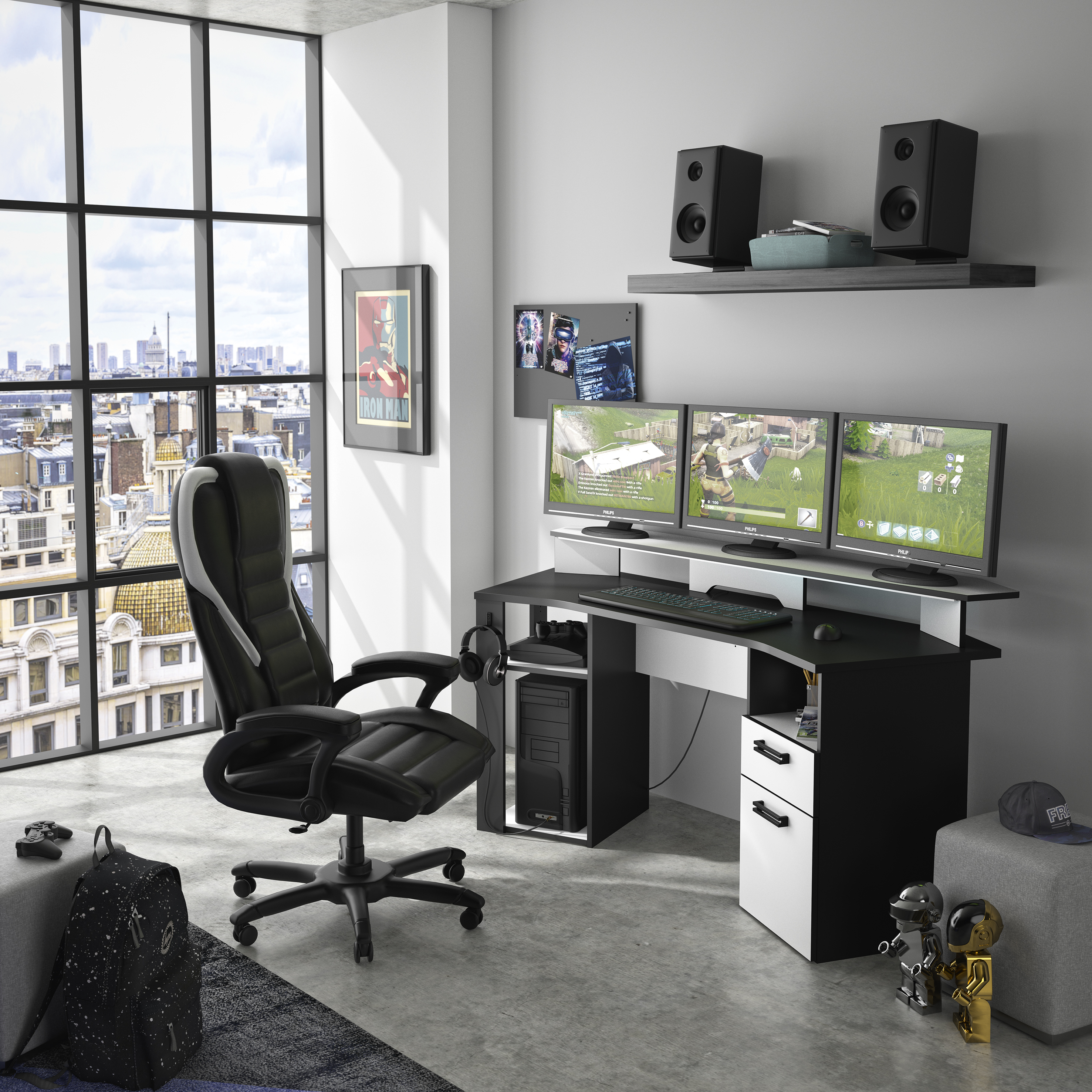 Bureau gamer 180 cm 1 porte 1 tiroir avec LED anthracite