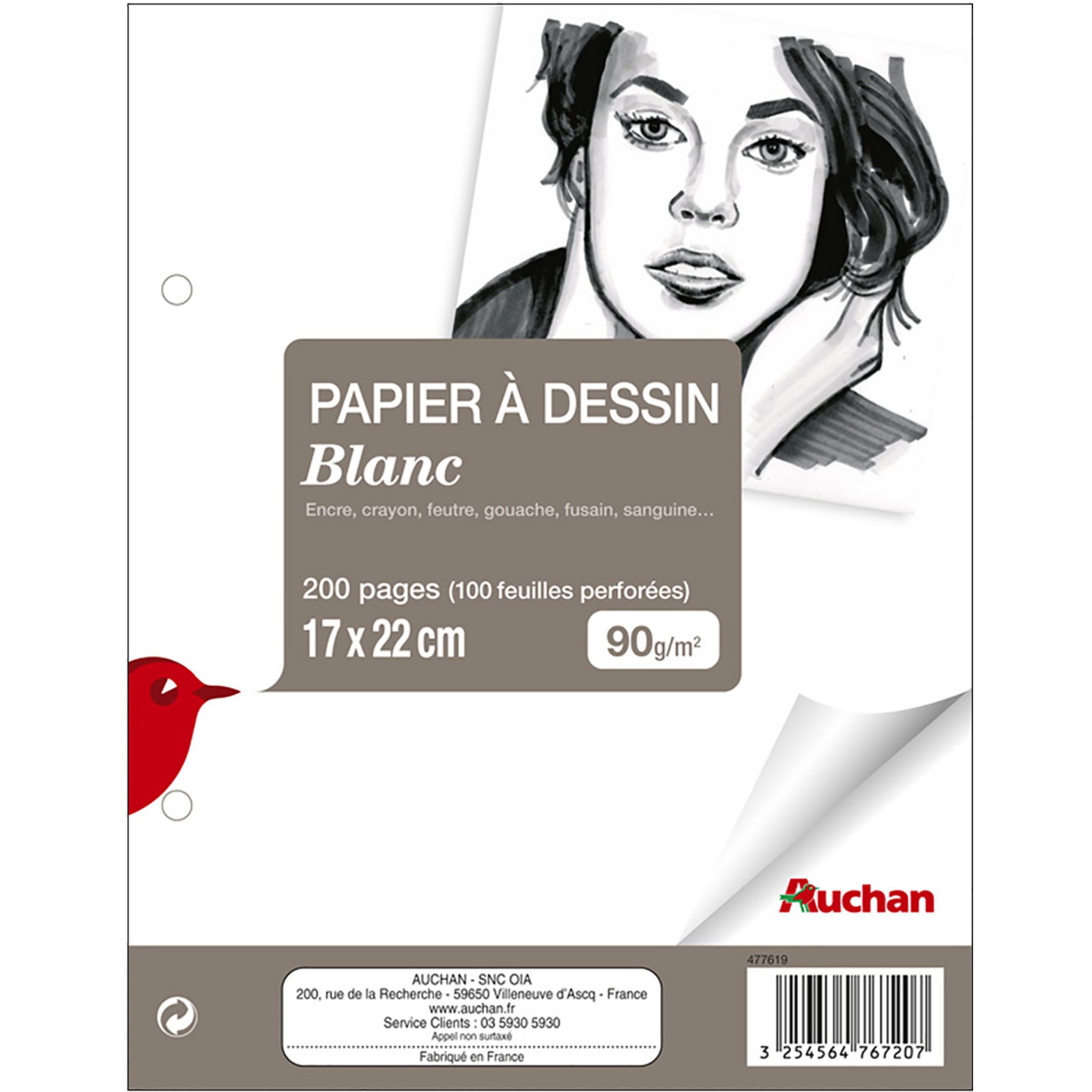 AUCHAN Pochette de papier à dessin 12 feuilles A4 180g/m2 blanc