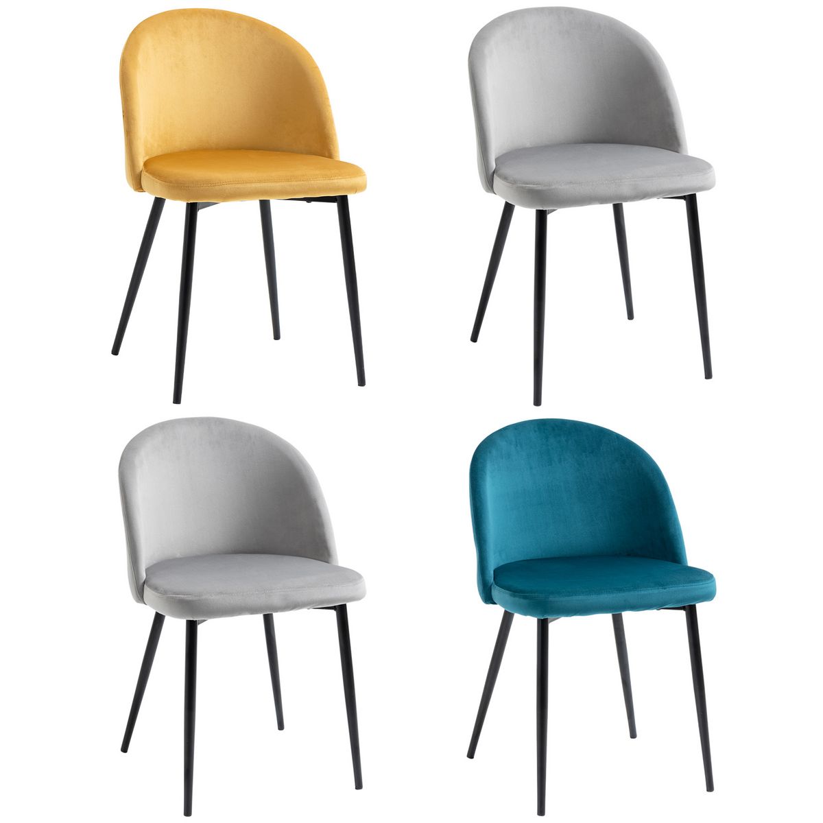 HOMCOM Chaises de visiteur design scandinave - lot de 4 chaises - velours gris bleu canard moutarde