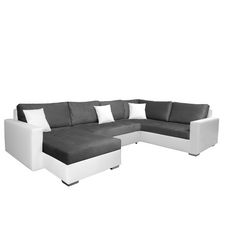 Canapé d'angle droit convertible panoramique 5 places tissu simili avec coffre MAGNUS (Blanc / gris clair)