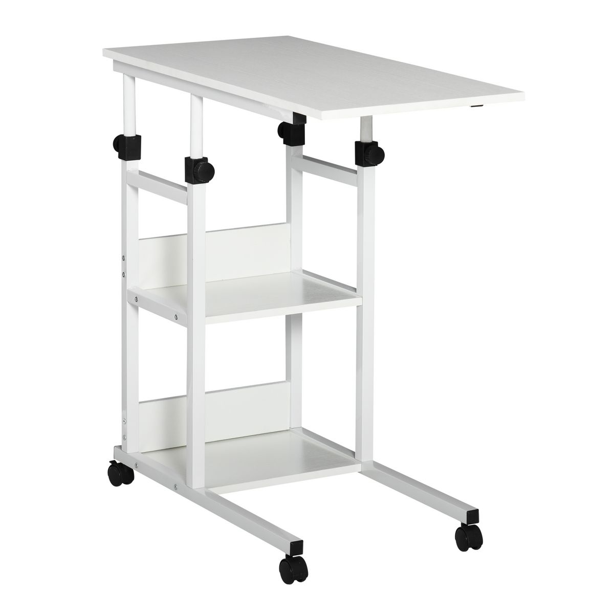 HOMCOM Table de lit/fauteuil - table roulante - hauteur réglable - 2 étagères intégrées - panneaux particules E1 aspect bois métal blanc