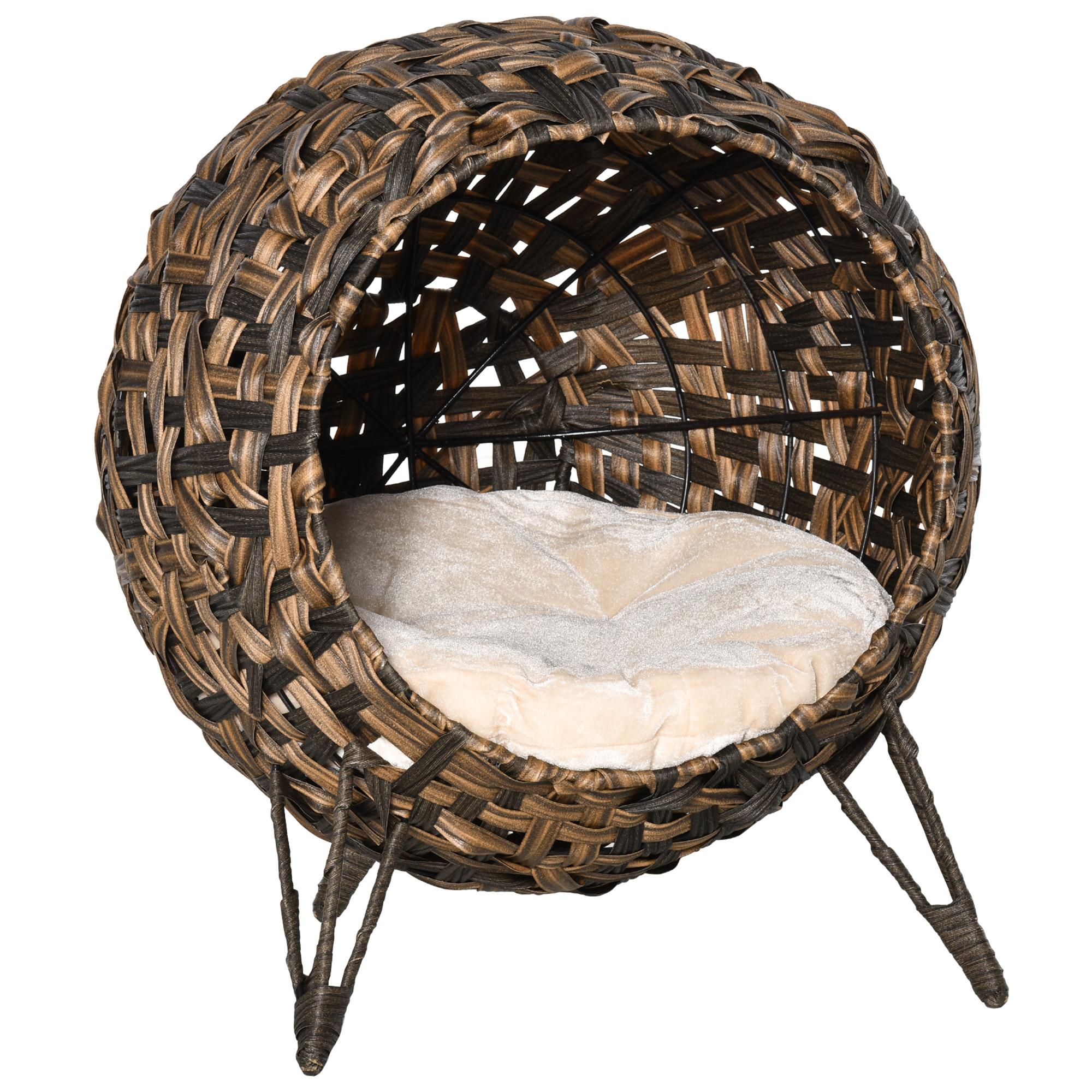 PawHut Panier Chat Lit Chat Grand Confort Base de Trépied Coussin Moelleux  Fourni Résine Tressée Imitation Rotin Ø 52 x 58 cm Bois Naturel 