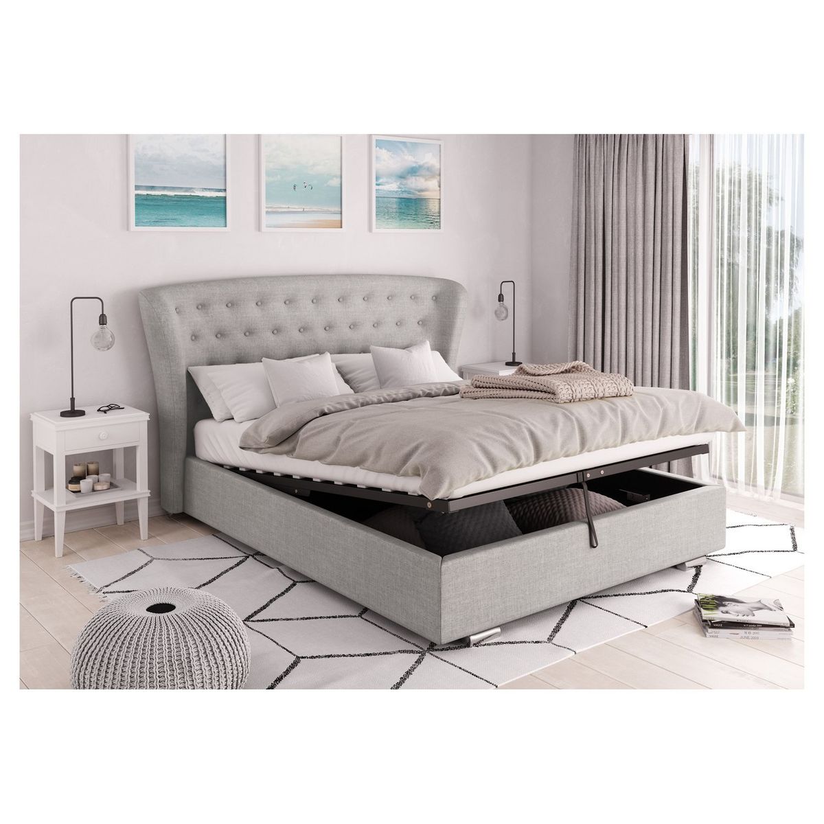 lit coffre avec sommier relevable et tête de lit arrondie capitonnée en tissu gris clair 140x190 cm DUC