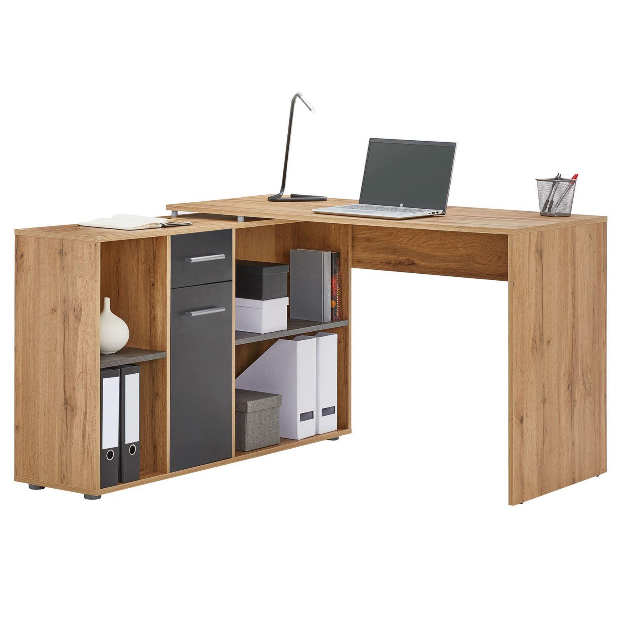 Bureau d'angle ISOTTA avec meuble de rangement, décor chêne sauvage et  béton foncé 