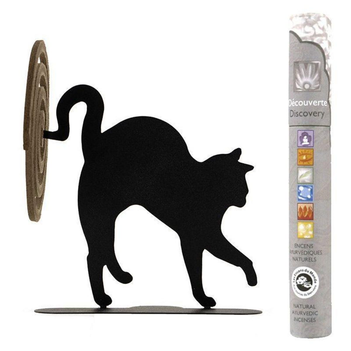 Les Encens du monde Porte-spirales d'encens chat noir + 14 bâtonnets d'encens ayurvédique