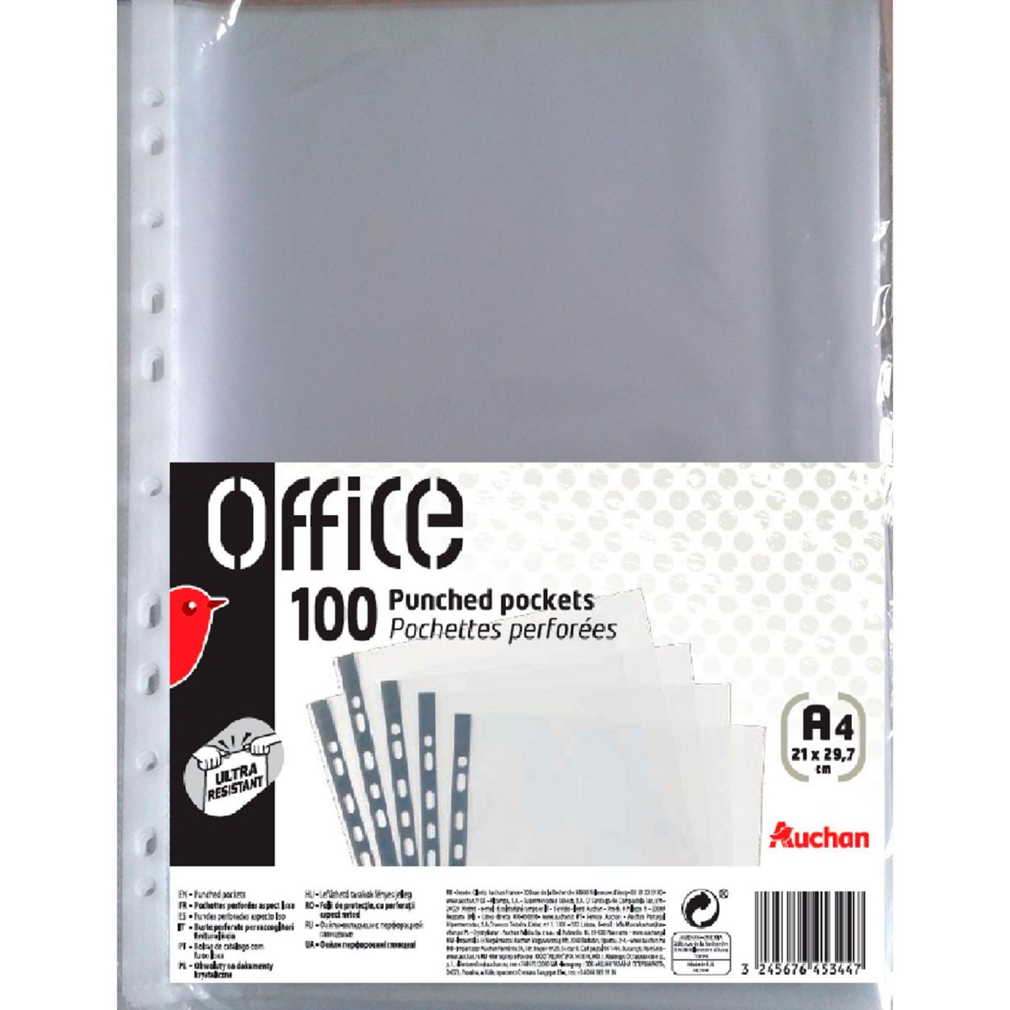 AUCHAN Lot de 100 pochettes perforees A4 grainees incolore pas cher Auchan