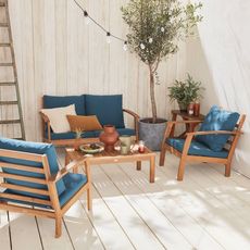 Salon de jardin en bois 4 places - Ushuaïa - Canapé, fauteuils et table basse en acacia, design (Bleu Canard)