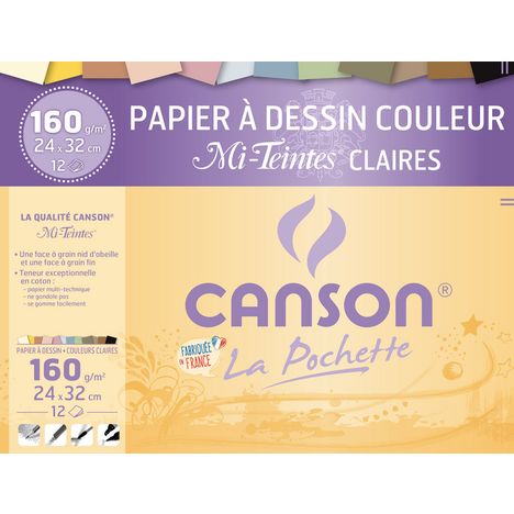 Pochette 12 feuilles papier à dessin couleur 24x32cm 160g Canson Mi-Teintes  Claires