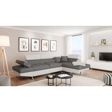 Canapé d'angle droit 4 à 5 places convertible CHICAGO, bicolore tissu gris / PU blanc