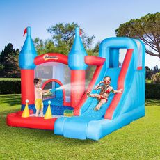 Château gonflable enfant - toboggan, trampoline, piscine, mur d'escalade - gonfleur, sac de transport inclus - dim. 3,33L x 2,8l x 2,1H m - polyester rouge bleu