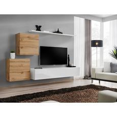 Meuble TV Mural Design  Switch V  250cm Naturel & Blanc