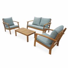 Salon de jardin en bois 4 places - Ushuaïa - Canapé, fauteuils et table basse en acacia, design (Vert de gris)