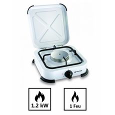 Réchaud gaz portable 1 feu 1200W Blanc laqué Couvercle Plaque de cuisson KEMPER