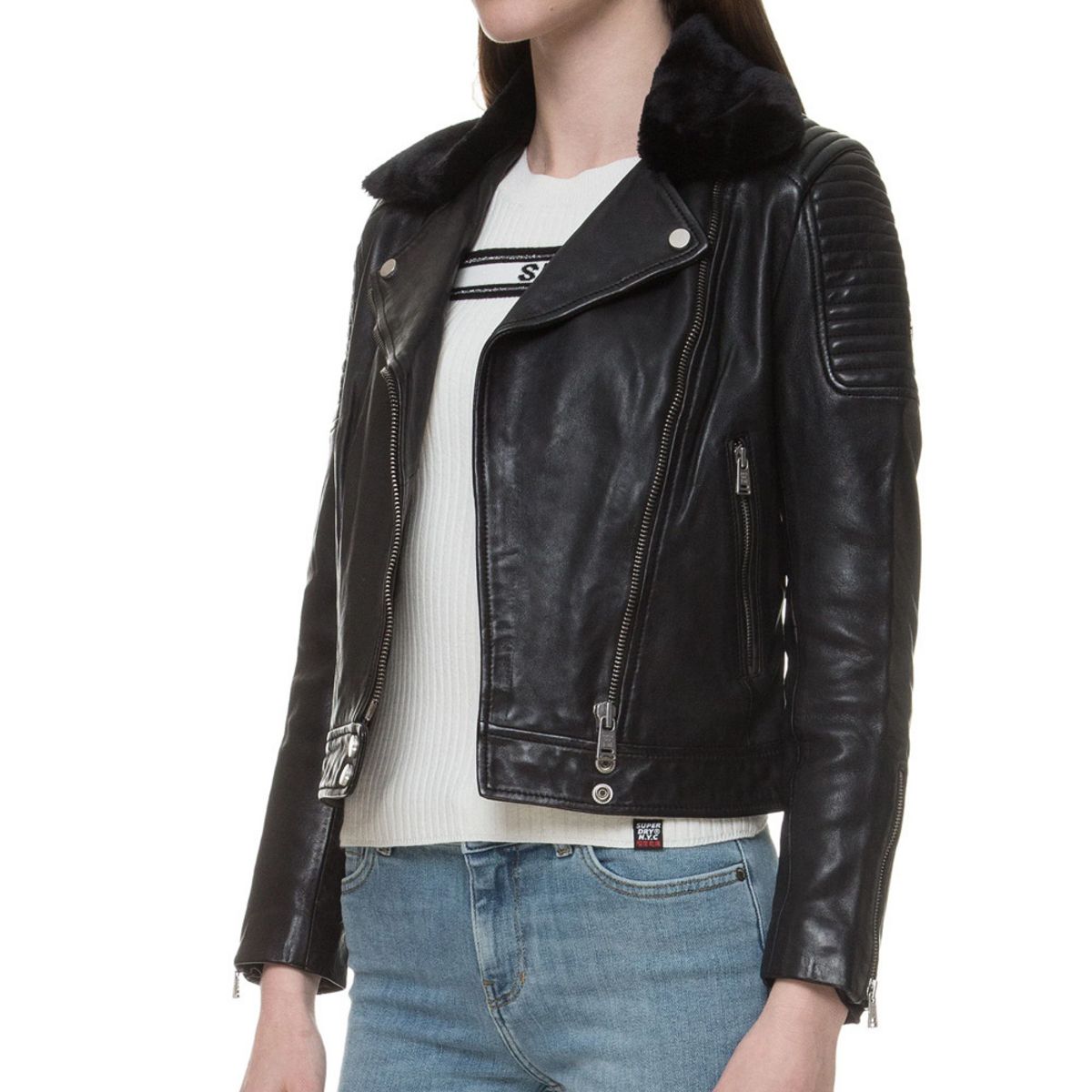 SUPERDRY Veste Noir en cuir Femme Superdry Biker pas cher Auchan