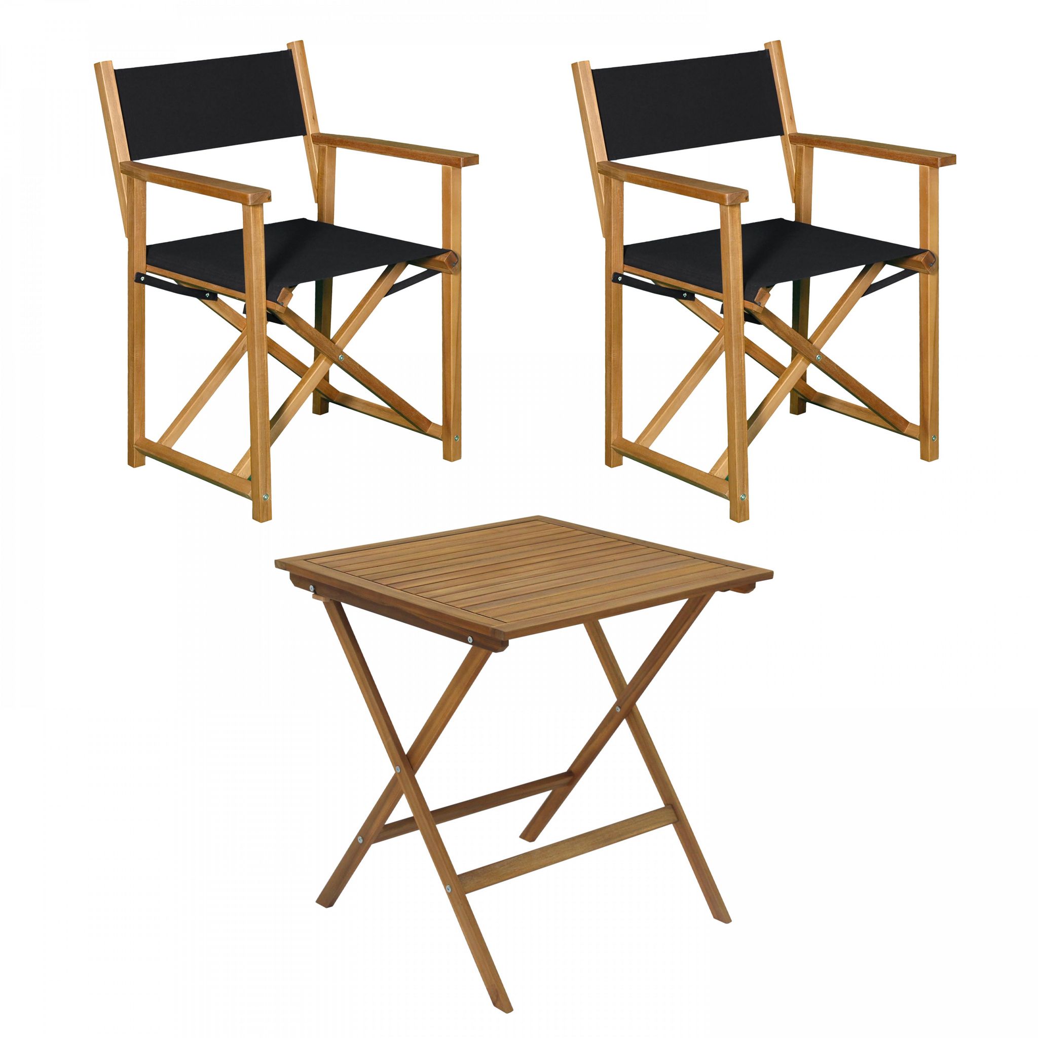 Table carrée et 2 chaises pliantes en bois d'eucalyptus