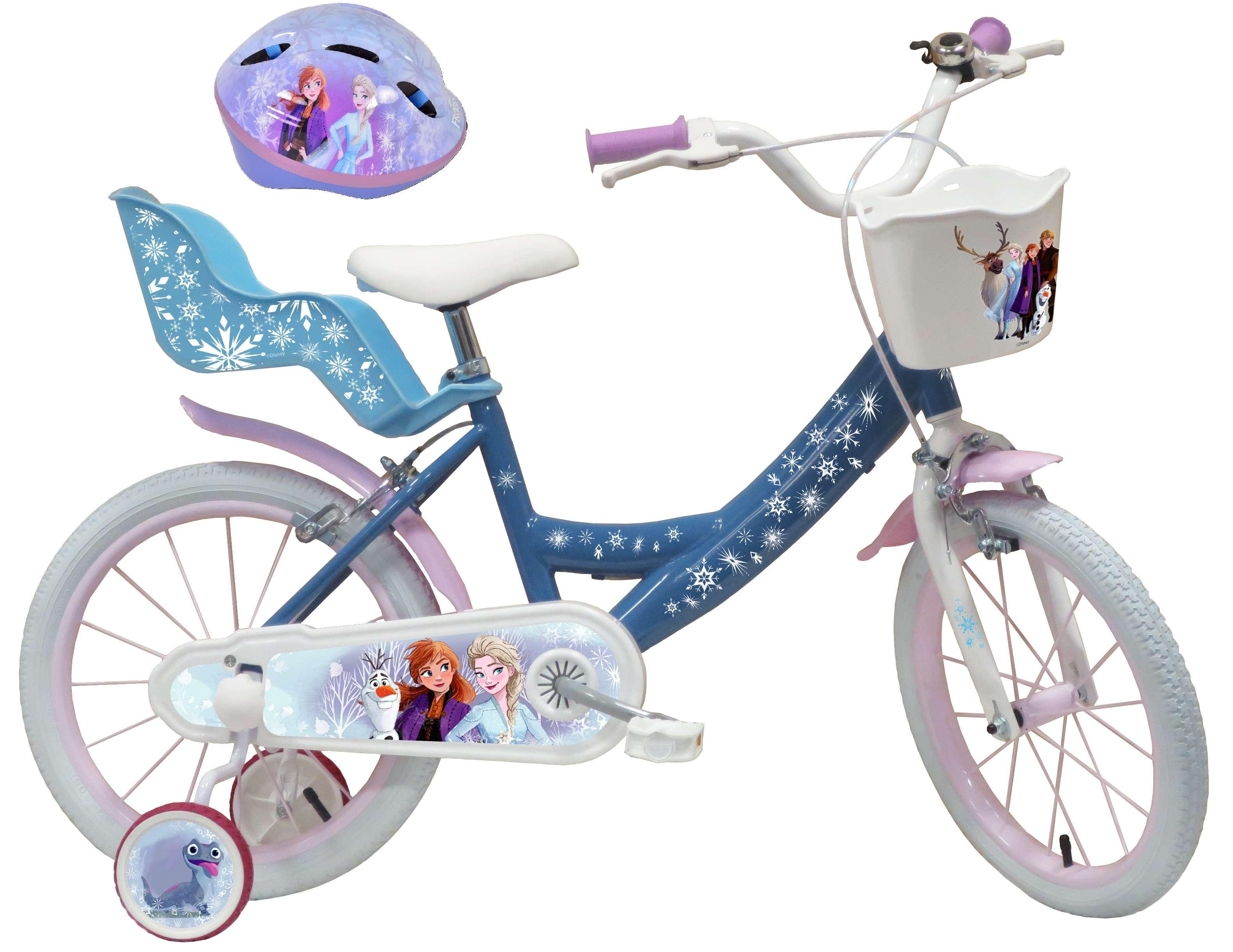 Disney La Reine des Neiges Velo 16 Fille Licence Reine des neiges Casque pour enfant de 105 120 cm avec stabilisateurs a molettes Panier avant Porte poupee arriere 2 freins pas cher Auchan