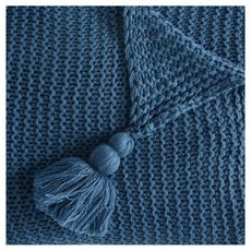ACTUEL Plaid tricot uni en polyester finition pompons 400g/m² WINTER  (Bleu)