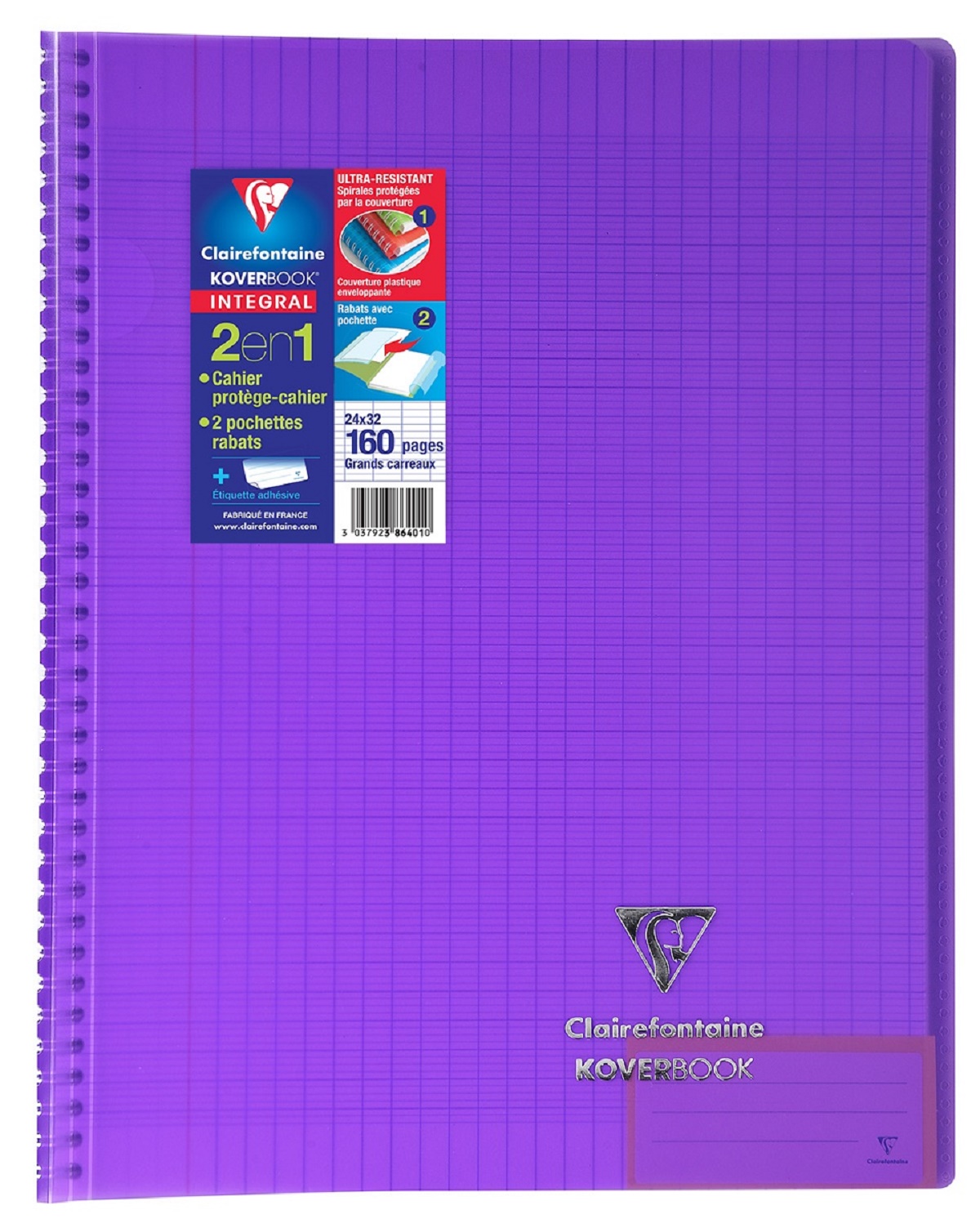 CLAIREFONTAINE Cahier à spirale Koverbook 24x32cm 160 pages grands carreaux  Seyes violet transparent pas cher 