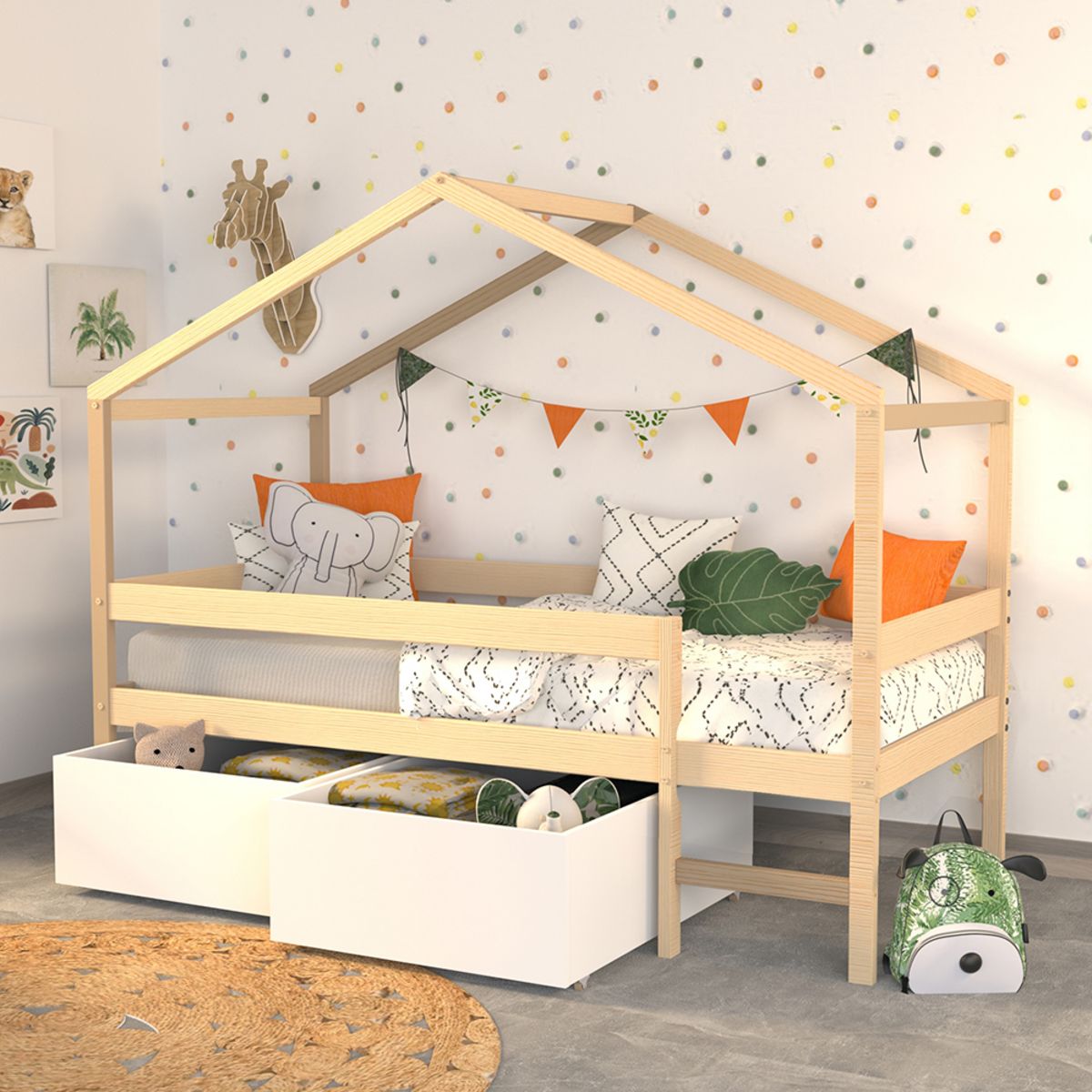 WEB2O Lit cabane pour Enfant en Bois Naturel 90x190 cm avec 2