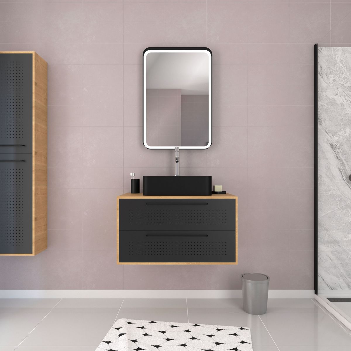 Aurlane Pack meuble de salle de bain caisson 2 tiroirs + vasque rectangulaire + miroir LED - UBY 80cm