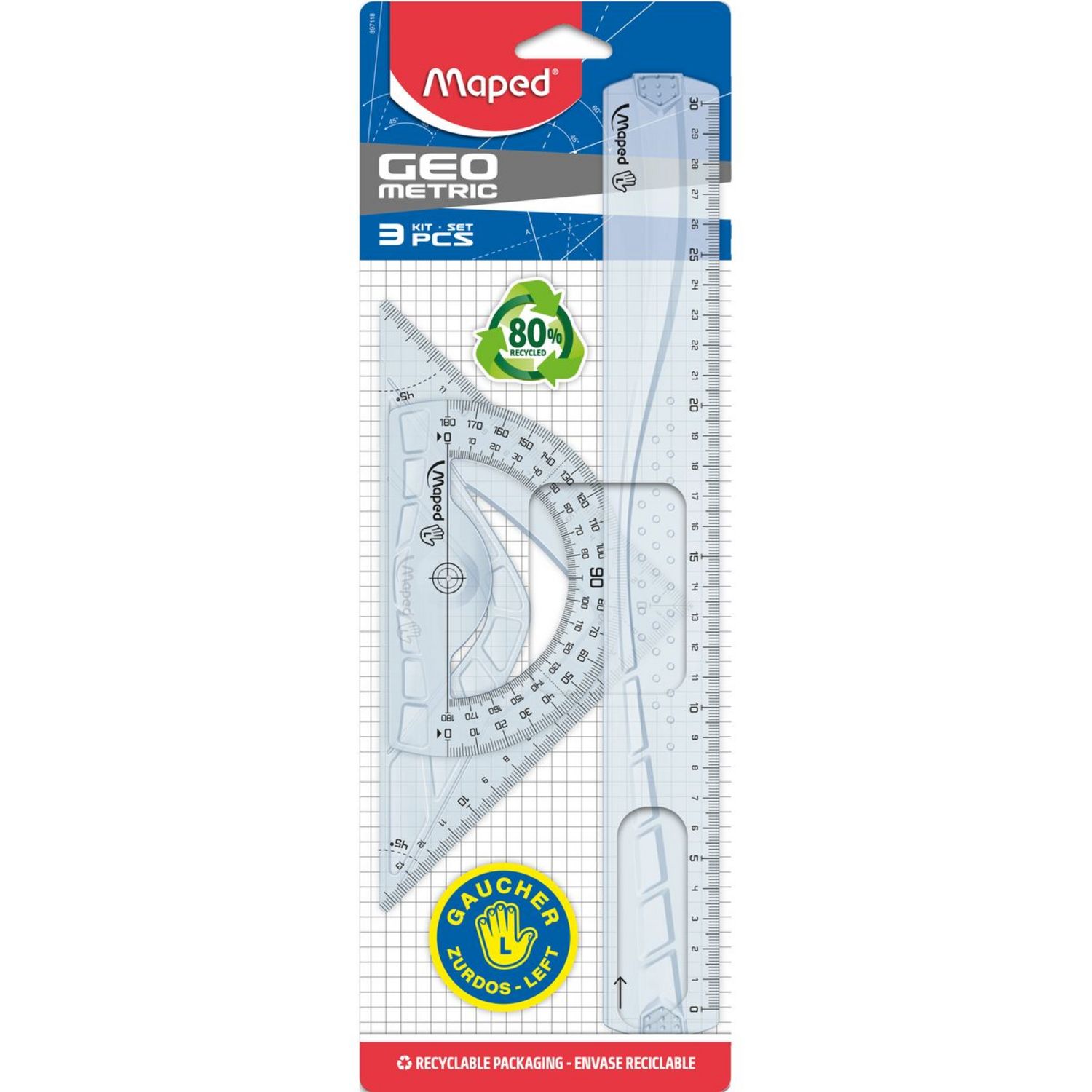 AUCHAN Kit de traçage 4 pièces régle + équerre + triangle + rapporteur  incassable Bleu pas cher 