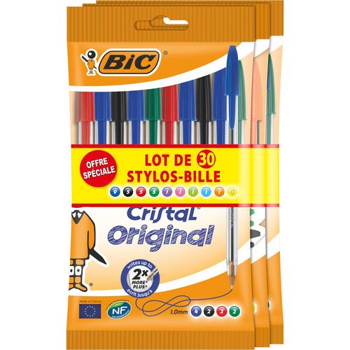 Lot de 30 stylos bille pointe moyenne couleurs assorties CRISTAL ORIGINAL