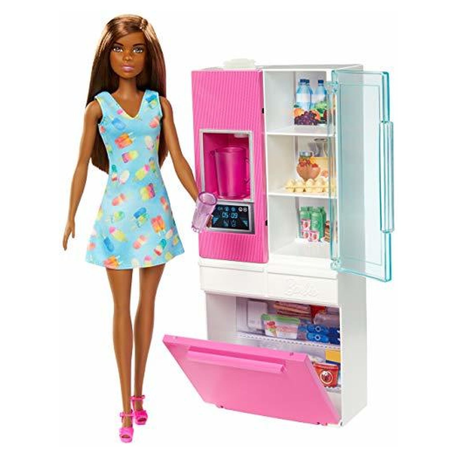 BARBIE Coffret cuisine avec réfrigérateur et distributeur d'eau fonctionnel  - Barbie brune pas cher 