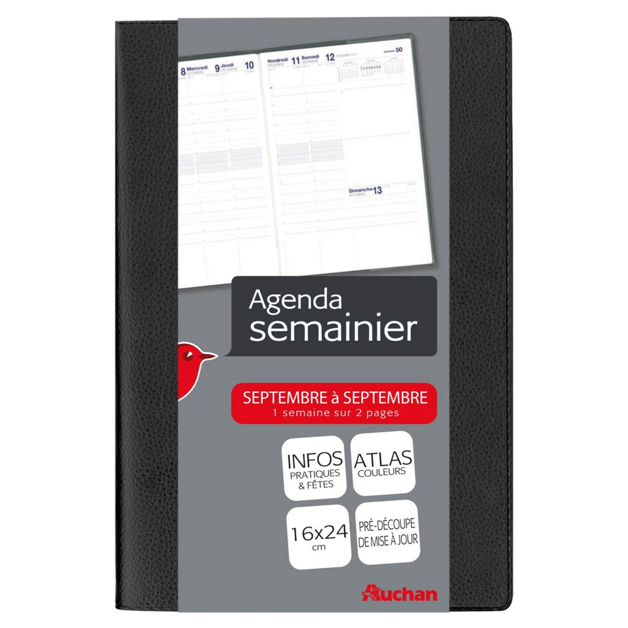 AUCHAN Agenda scolaire semainier 128 pages 16x24cm noir 2019-2020 pas cher  