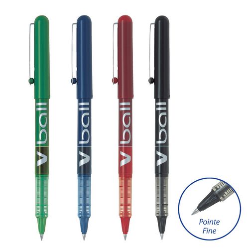 Lot de 4 stylos roller pointe fine 0.5mm noir/bleu/vert/rouge V-Ball 0.5